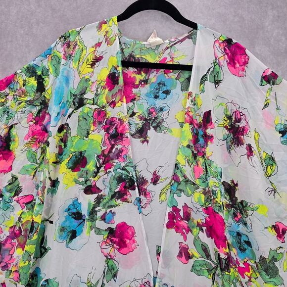 OP White Floral Fringe Boho Beach Swim Cover Up Duster Kimono XL Extra Large - Picture 3 of 6